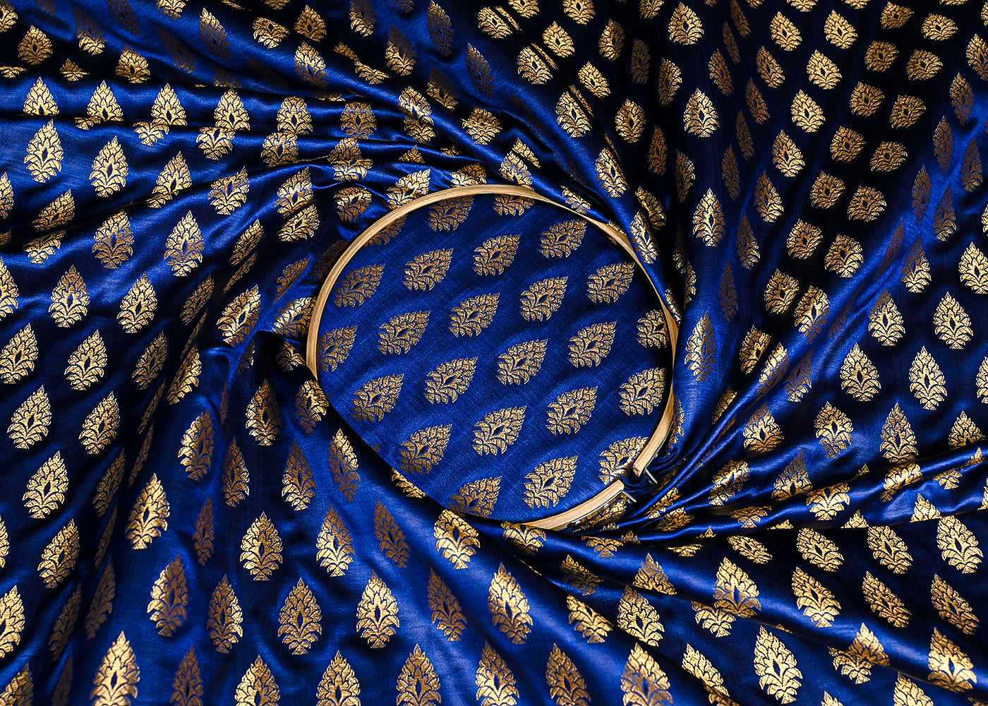 Navy Blue Banarasi Brocade Fabric With All Over Golden Zari Handloom 23157