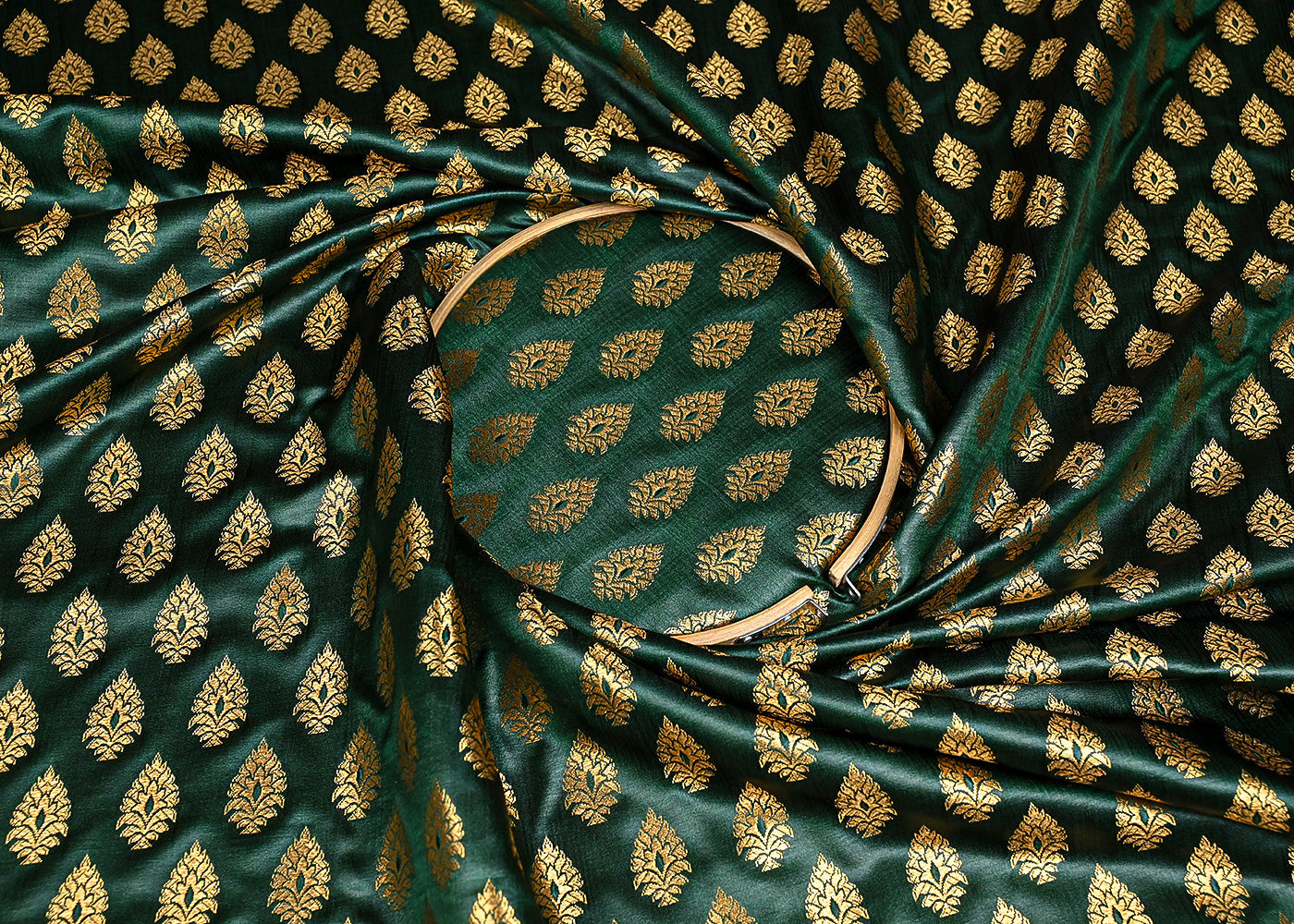 Bottle Green Banarasi Brocade Fabric With All Over Golden Zari Handloom 23158
