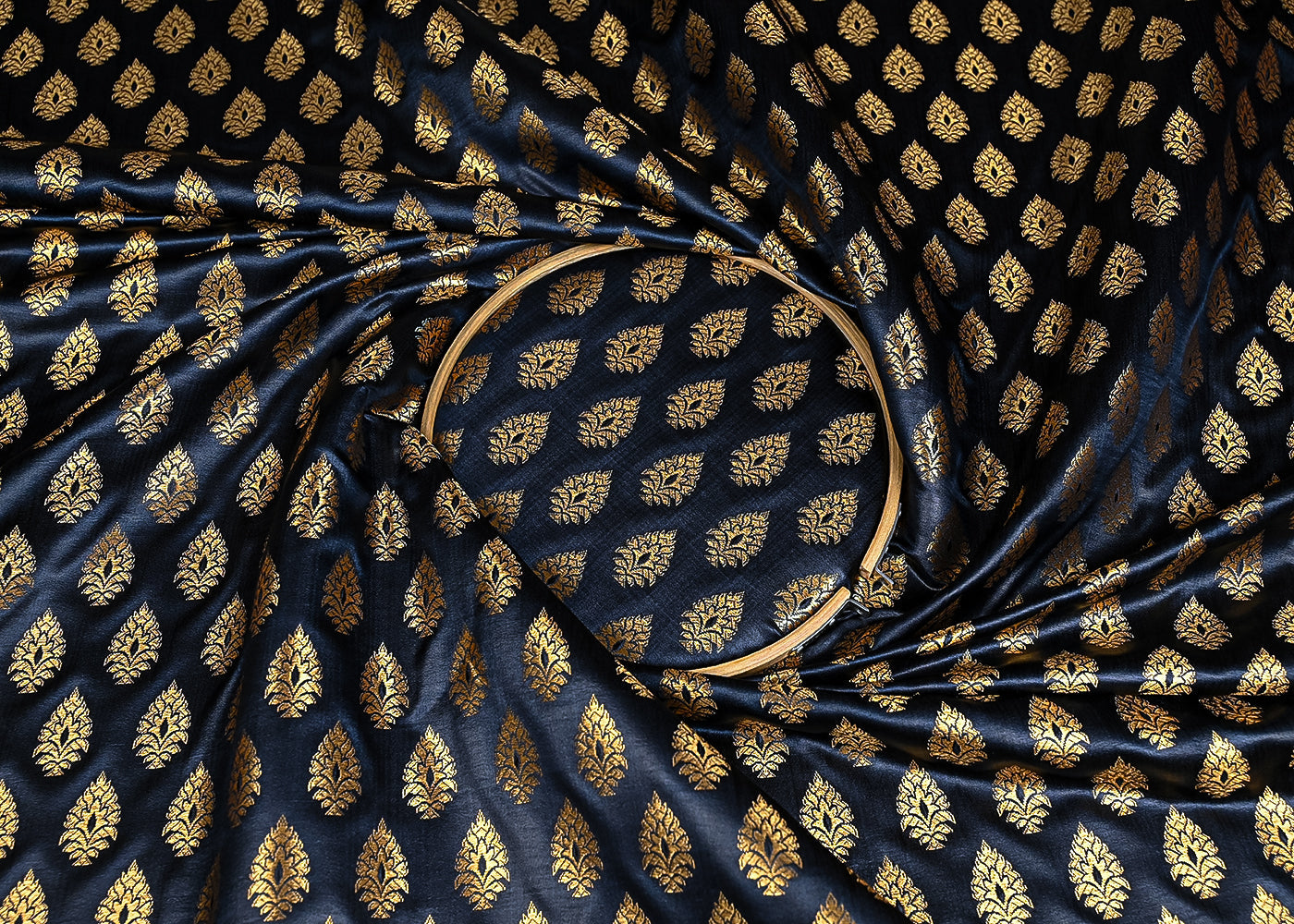 Black Banarasi Brocade Fabric With All Over Golden Zari Handloom 23159
