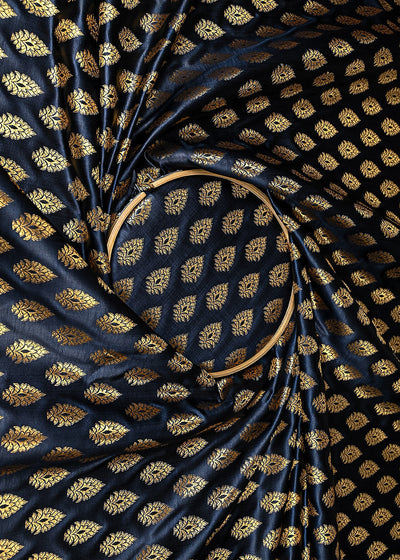 Black Banarasi Brocade Fabric With All Over Golden Zari Handloom 23159