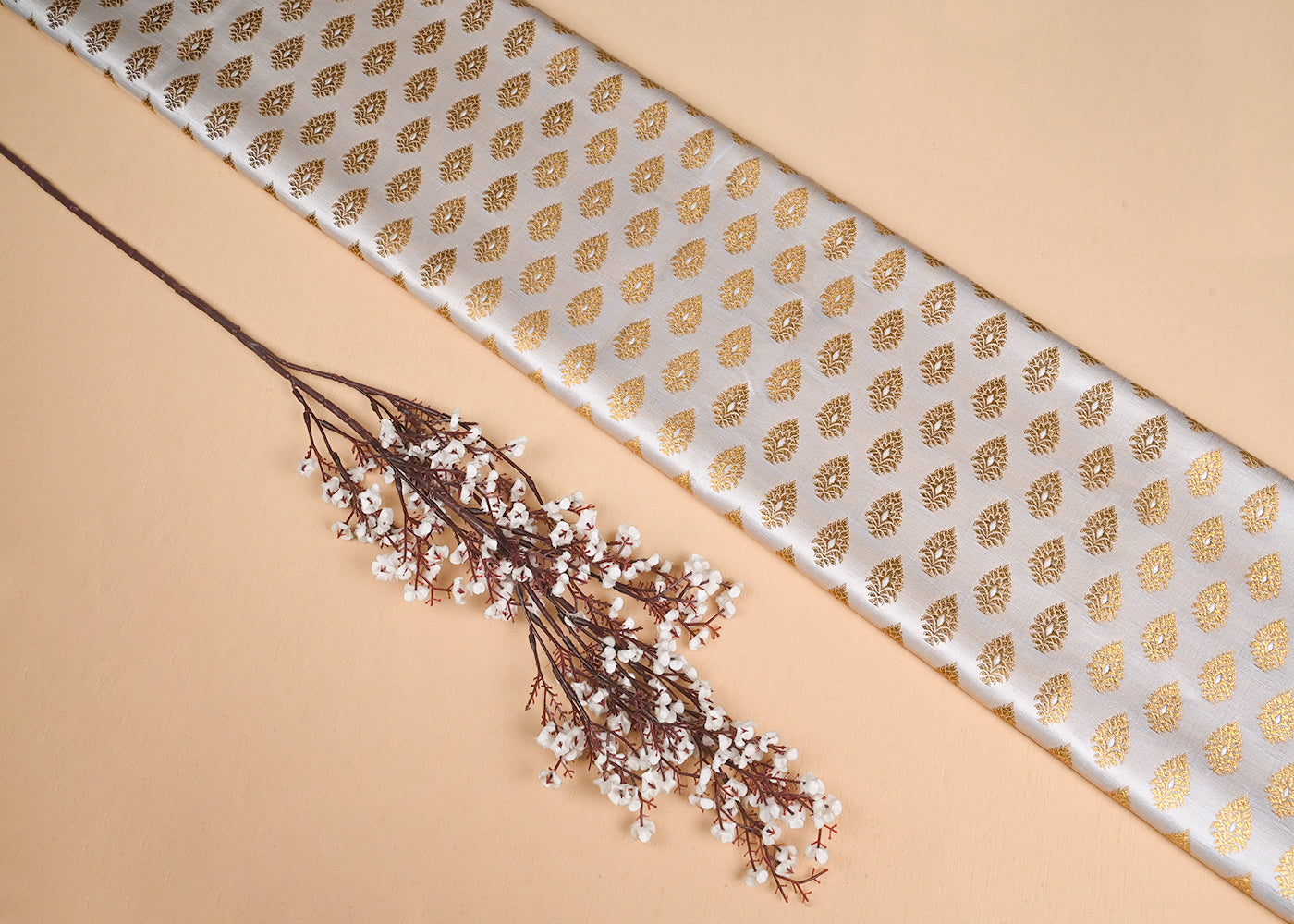 Off White Banarasi Brocade Fabric With All Over Golden Zari Handloom 23164