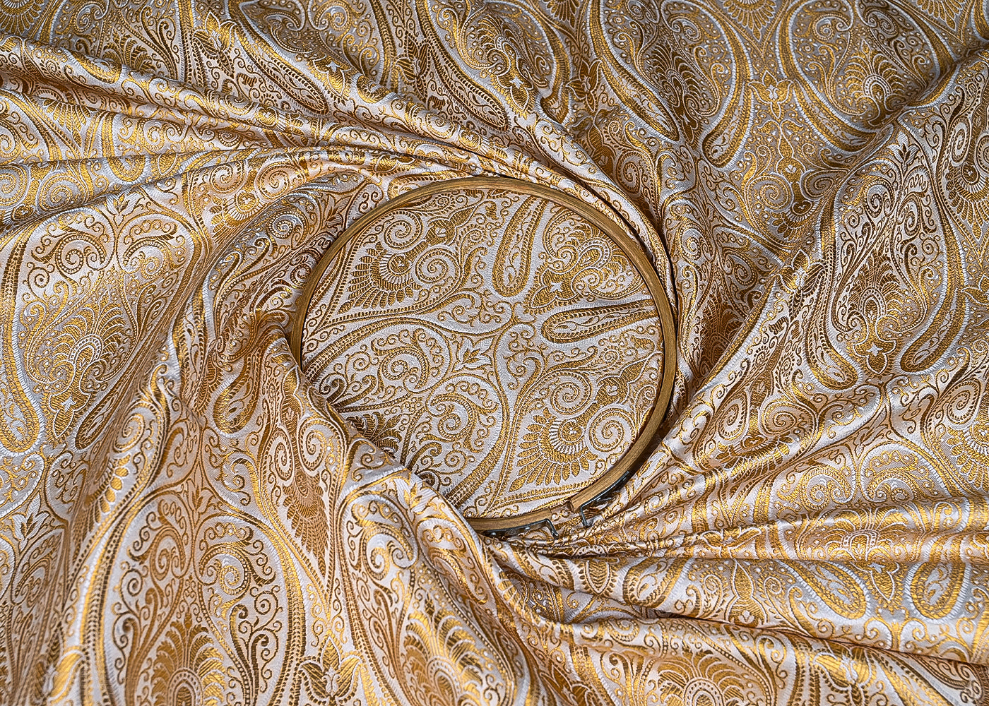 Off White Banarasi Brocade Fabric With All Over Golden Zari Handloom 23170