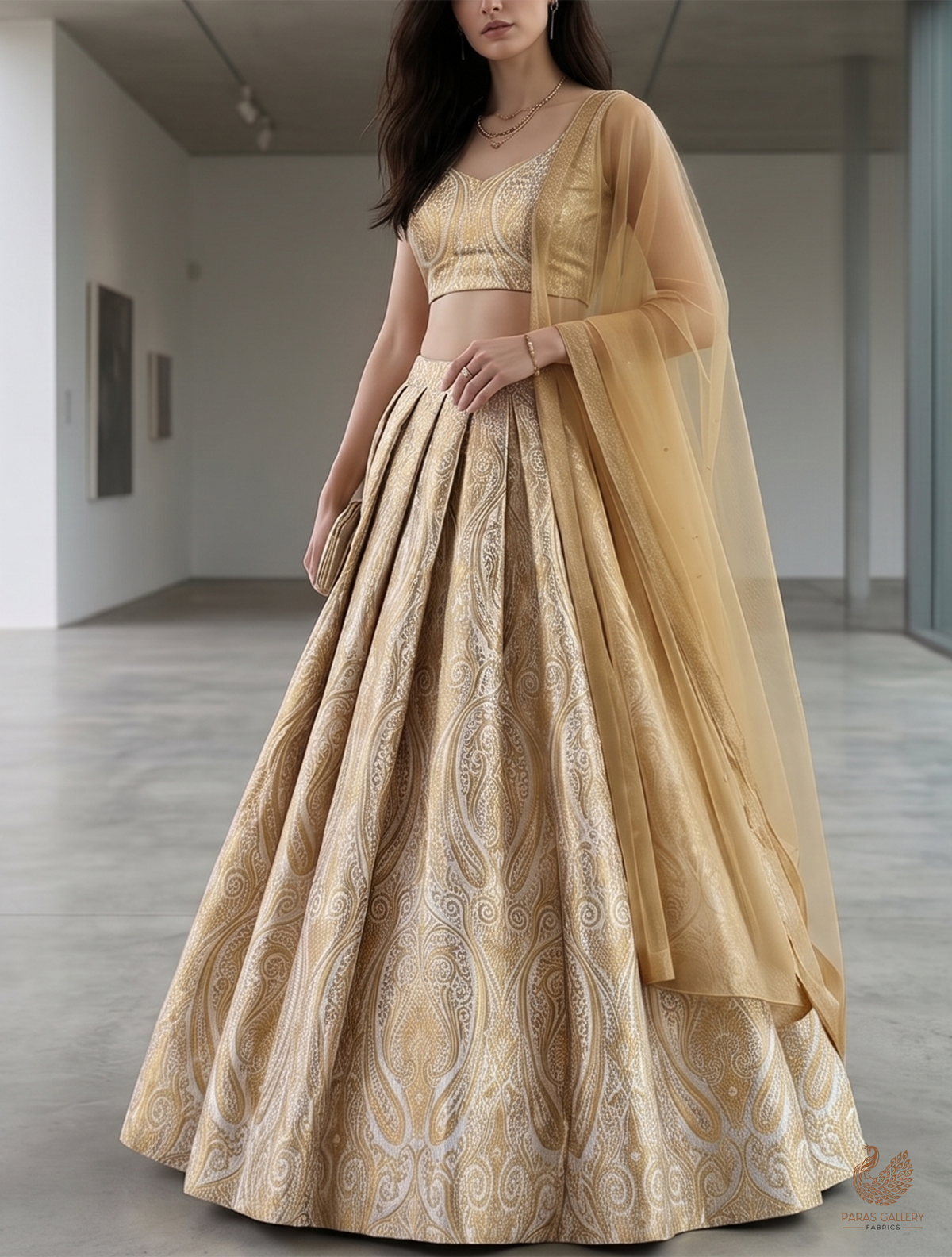Off White Banarasi Brocade Fabric With All Over Golden Zari Handloom 23170