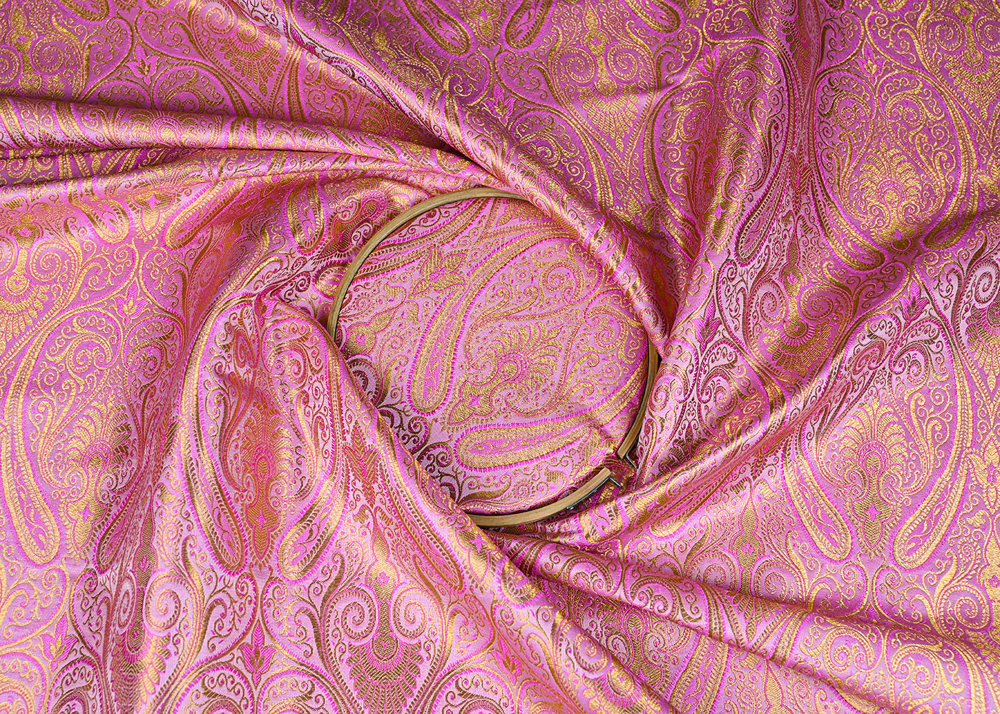 Blush Pink Banarasi Brocade Fabric With All Over Golden Zari Handloom 23173