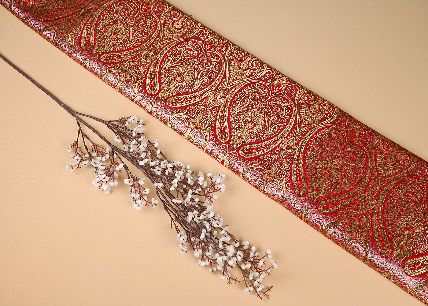 Light Pink Banarasi Brocade Fabric With All Over Golden Zari Handloom 23174