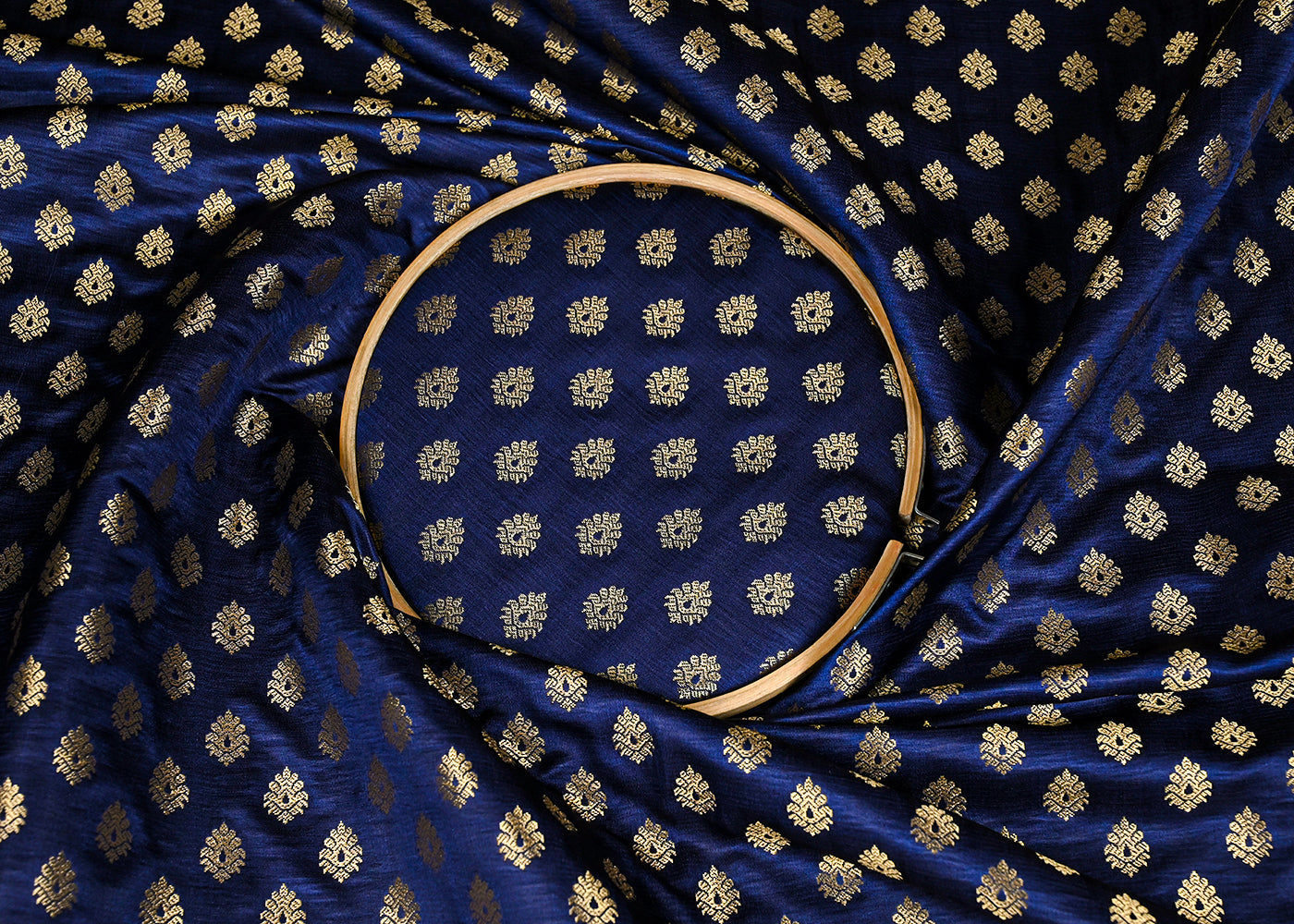 Navy Blue Banarasi Brocade Fabric With All Over Golden Zari Handloom 23175