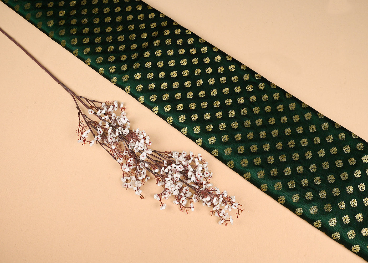 Bottle Green Banarasi Brocade Fabric With All Over Golden Zari Handloom 23176