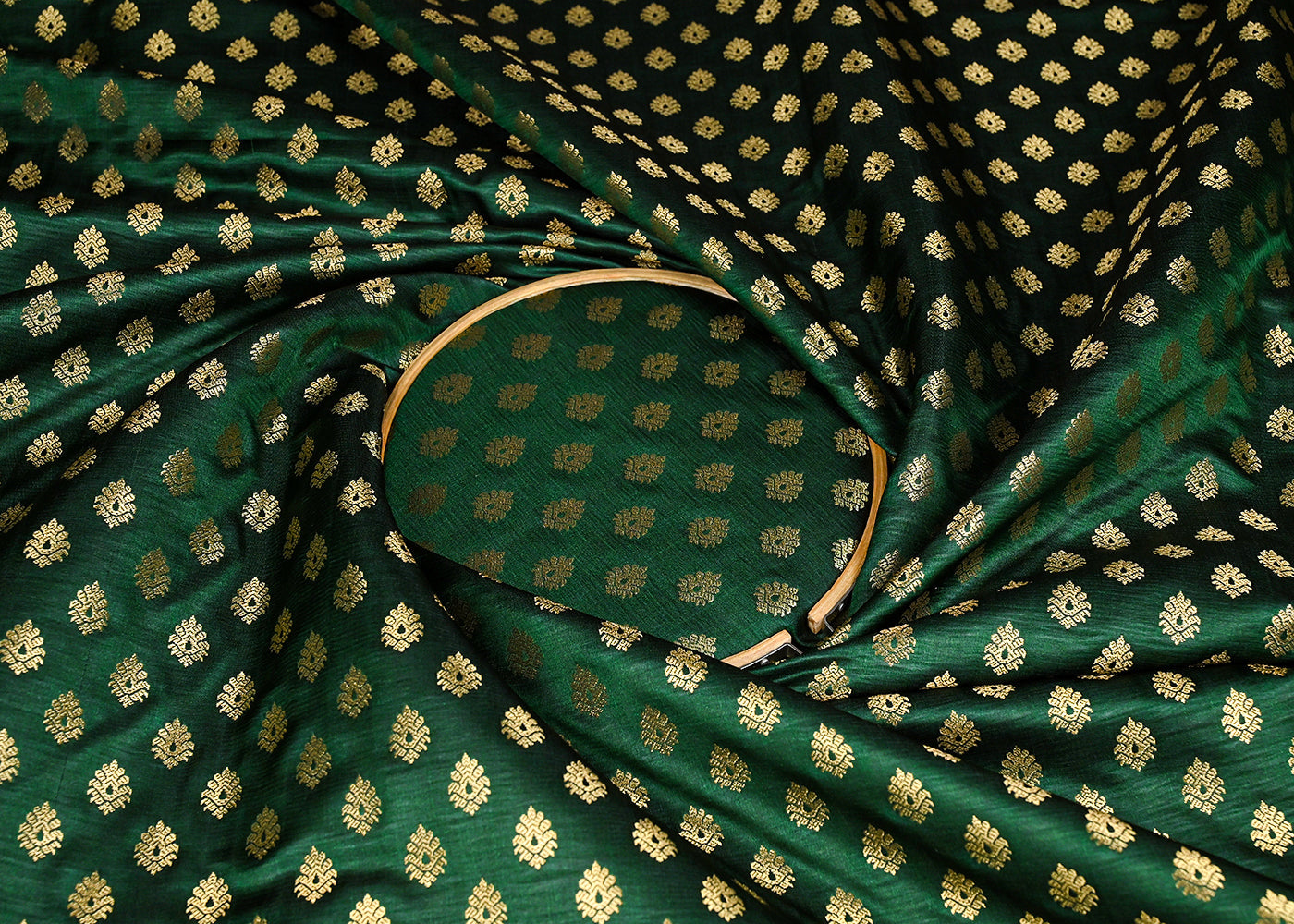 Bottle Green Banarasi Brocade Fabric With All Over Golden Zari Handloom 23176