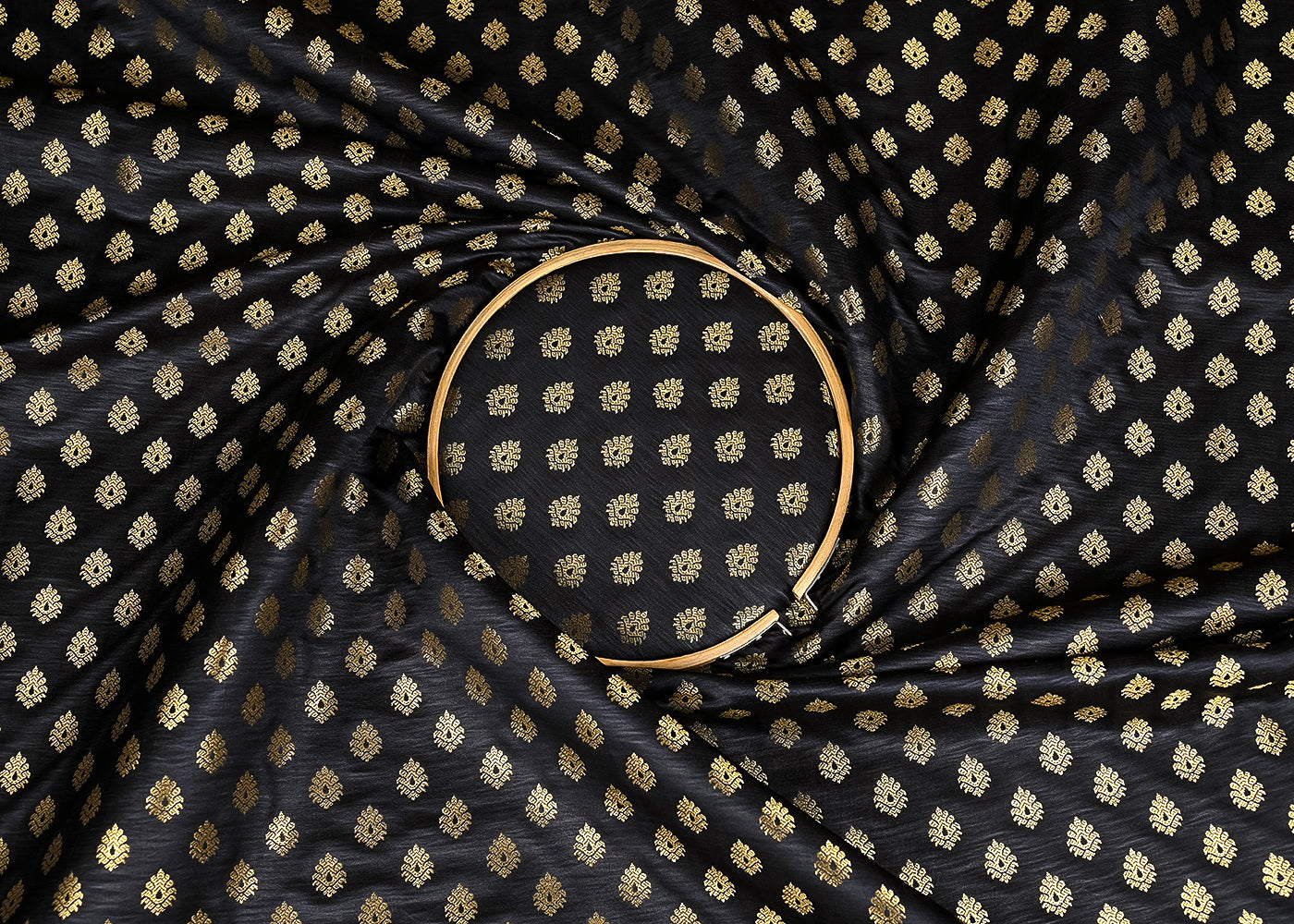 Black Banarasi Brocade Fabric With All Over Golden Zari Handloom 23179