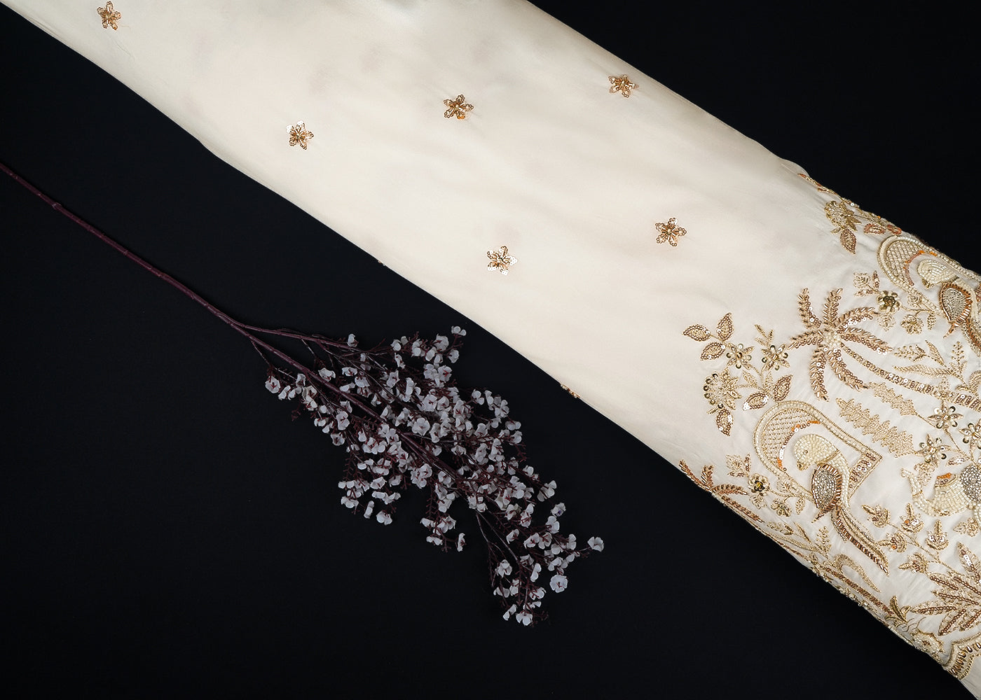 White Dyeable Georgette Fabric With All Over Bead, Sequins And Katdana Work With One Side Border 23194
