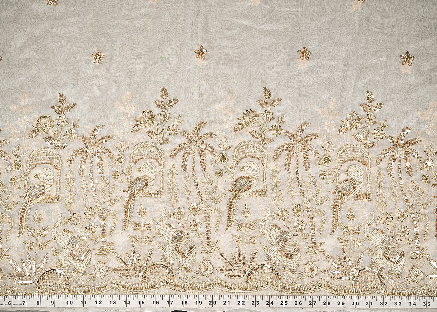 White Dyeable Georgette Fabric With All Over Bead, Sequins And Katdana Work With One Side Border 23194