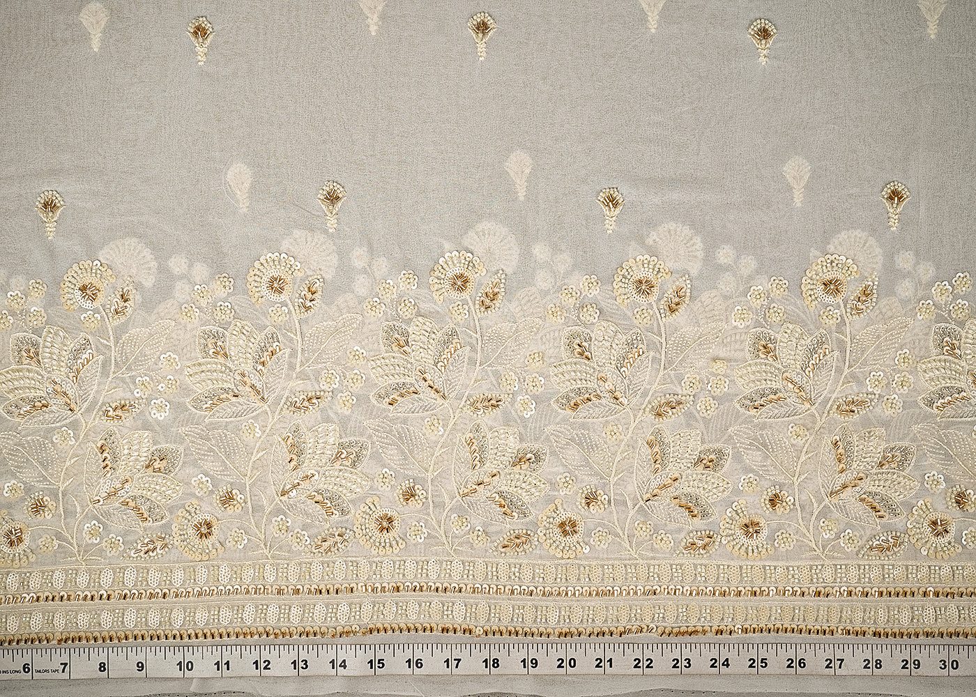 White Dyeable Georgette Fabric With All Over Bead, Sequins And Katdana Work With One Side Border 23195