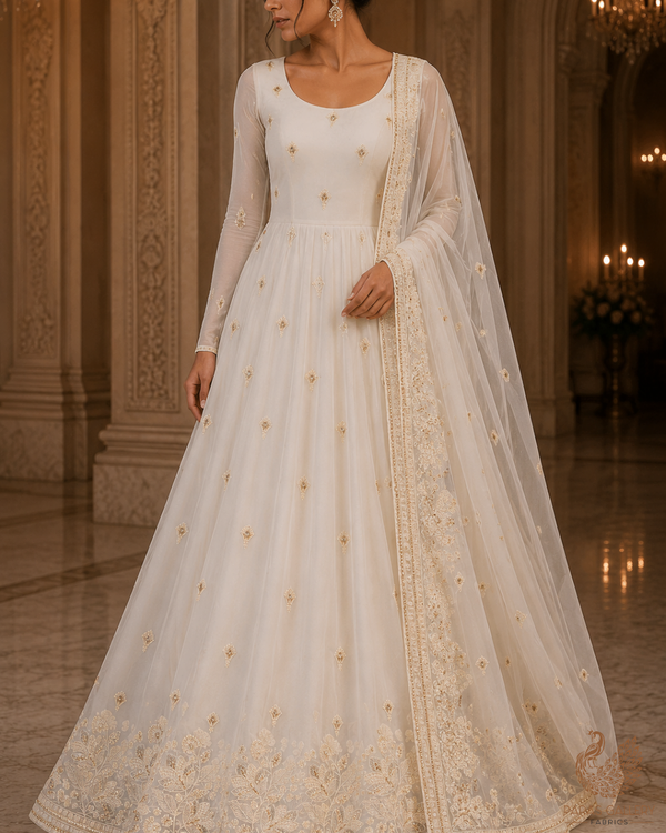 White Dyeable Georgette Fabric With All Over Sequins, Katdana, Bead And Thread Work With One Side Border 23195