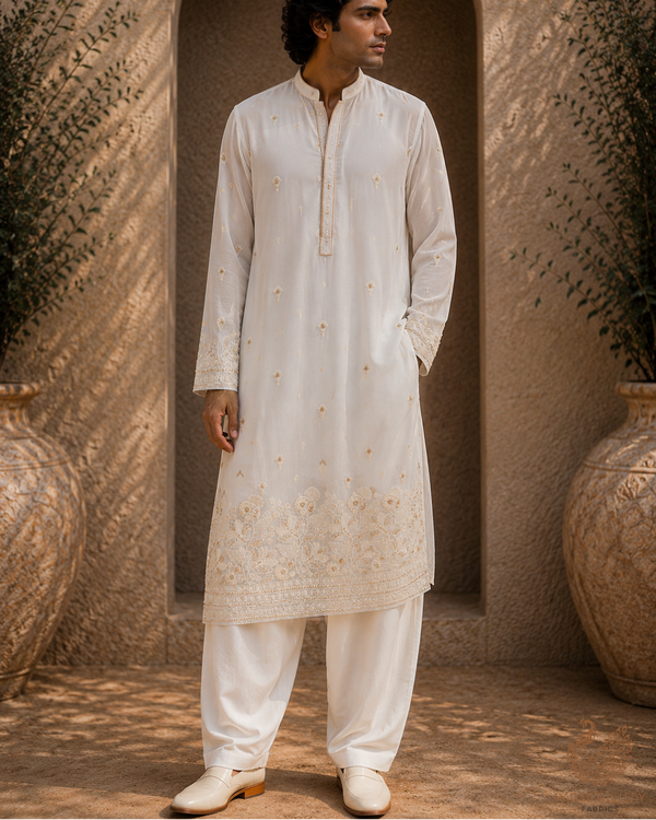 White Dyeable Georgette Fabric With All Over Sequins, Katdana, Bead And Thread Work With One Side Border 23195