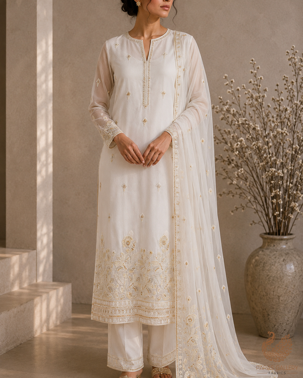 White Dyeable Georgette Fabric With All Over Sequins, Katdana, Bead And Thread Work With One Side Border 23195