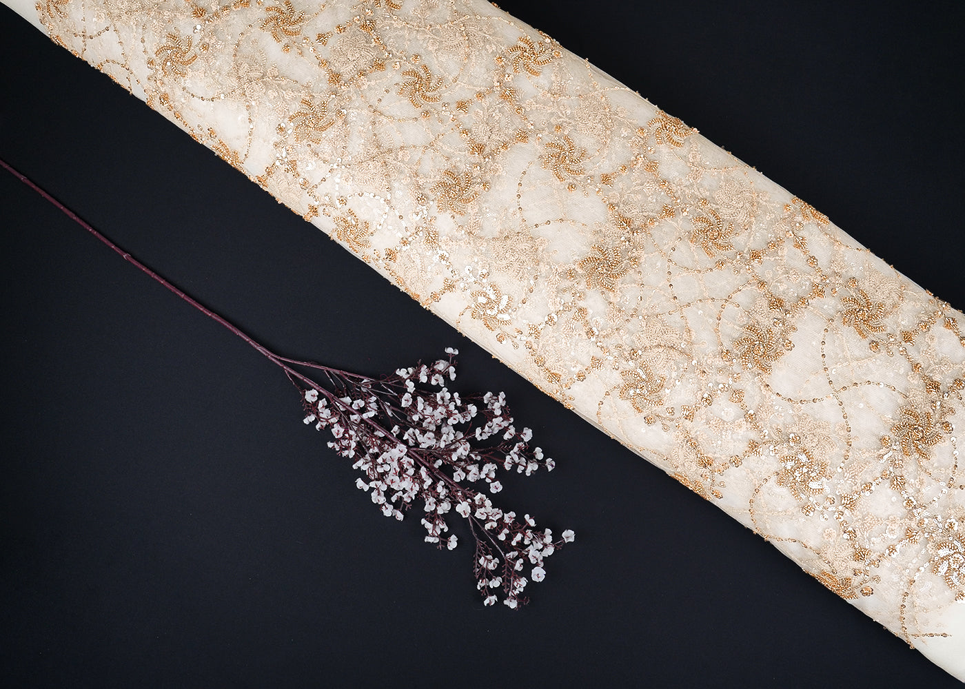 White Dyeable Net Fabric With All Over Bead, Sequins And Katdana Work 23196