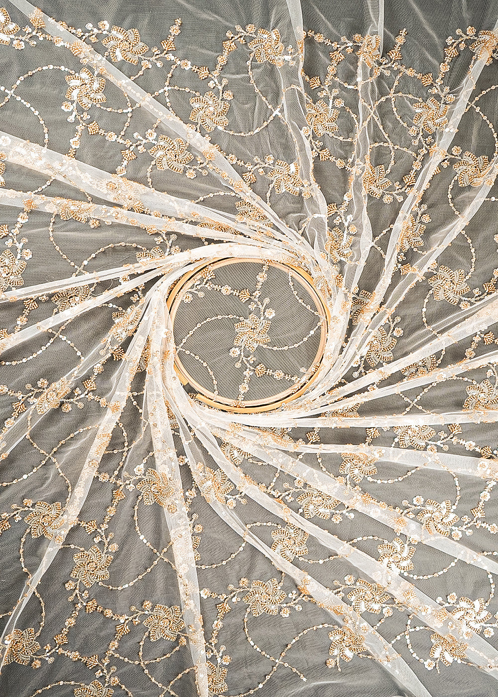 White Dyeable Net Fabric With All Over Bead, Sequins And Katdana Work 23196
