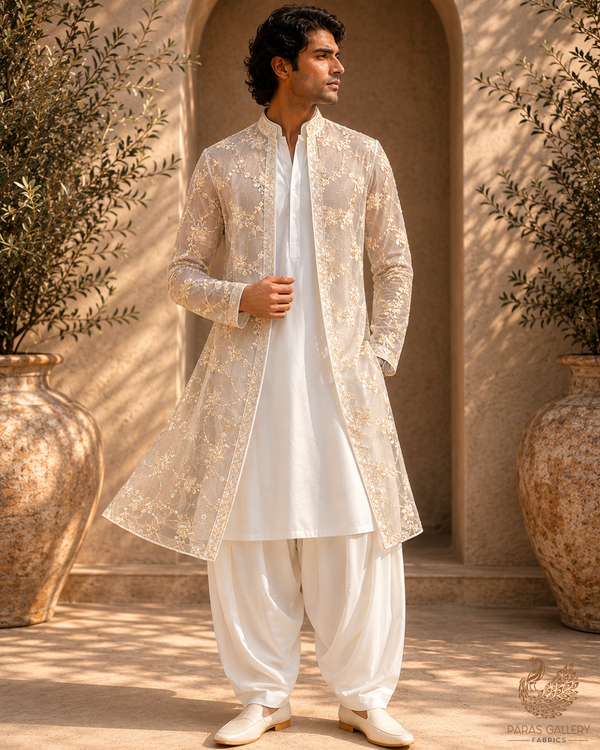 White Dyeable Net Fabric With All Over Bead, Sequins And Katdana Work 23196