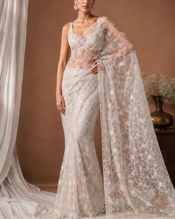 White Dyeable Net Fabric With All Over Bead, Sequins And Katdana Work 23196