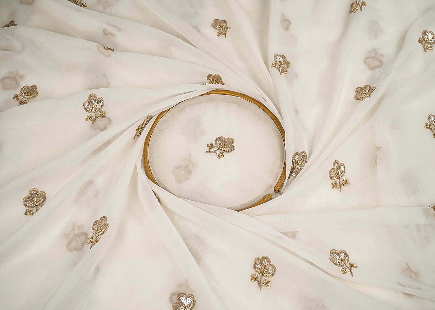 White Dyeable Georgette Fabric With All Over Bead, Zari, Sequins And Katdana Work 23202