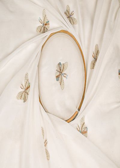 White Dyeable Georgette Fabric With All Over Sequins, Katdana And Bead Work 23203