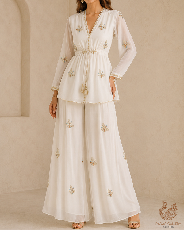 White Dyeable Georgette Fabric With All Over Sequins, Katdana And Bead Work 23203