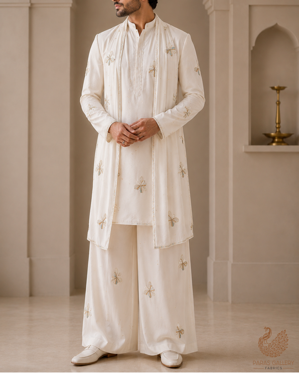 White Dyeable Georgette Fabric With All Over Sequins, Katdana And Bead Work 23203