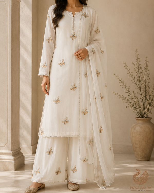 White Dyeable Georgette Fabric With All Over Sequins, Katdana And Bead Work 23203