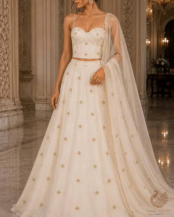 White Dyeable Georgette Fabric With All Over Bead, Zari, Sequins And Katdana Work 23204