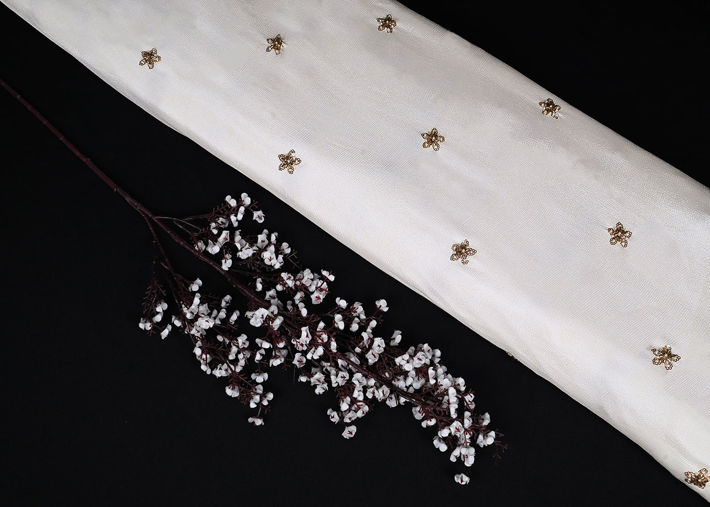White Chinon Chiffon Fabric With All Over Sequins, Katdana And Bead Work23205