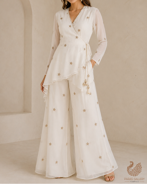 White Dyeable Chinon Chiffon Fabric With All Over Sequins, Katdana And Bead Work23205