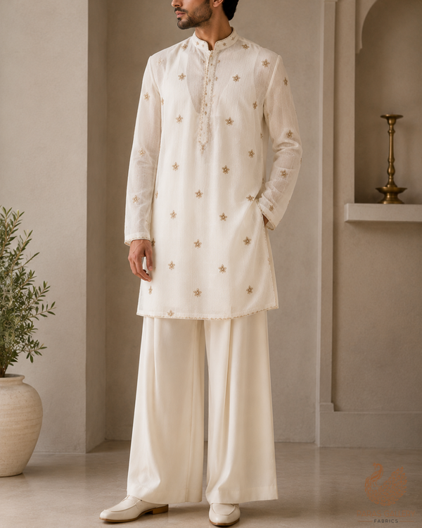 White Dyeable Chinon Chiffon Fabric With All Over Sequins, Katdana And Bead Work23205