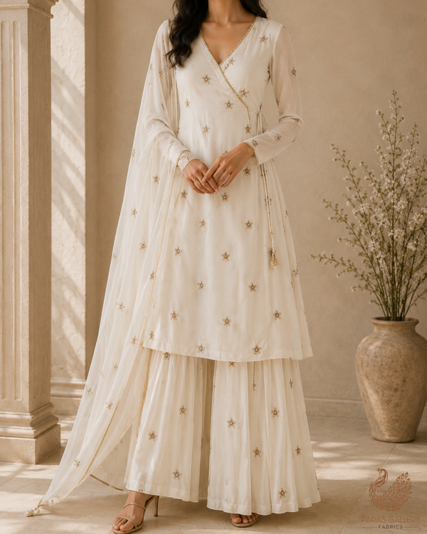 White Dyeable Chinon Chiffon Fabric With All Over Sequins, Katdana And Bead Work23205
