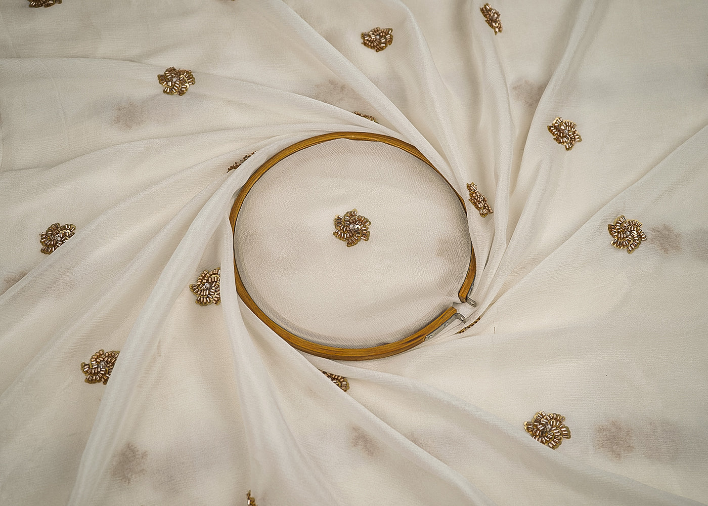 White Dyeable Chinon Chiffon Fabric With All Over Sequins And Katdana Work 23206