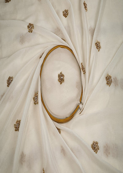 White Dyeable Chinon Chiffon Fabric With All Over Sequins And Katdana Work 23206