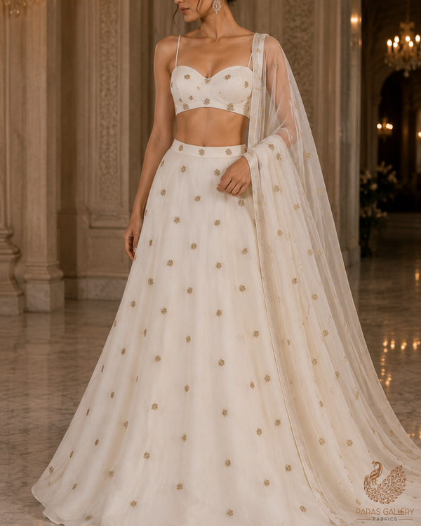 White Dyeable Chinon Chiffon Fabric With All Over Sequins And Katdana Work 23206