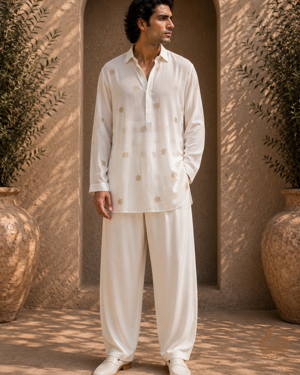 White Dyeable Chinon Chiffon Fabric With All Over Sequins And Katdana Work 23206