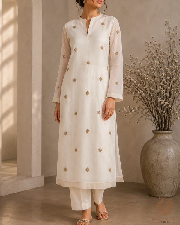 White Dyeable Chinon Chiffon Fabric With All Over Sequins And Katdana Work 23206