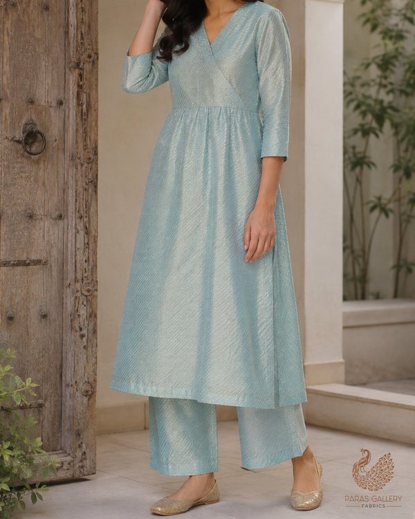 Light Blue Banarasi Silk Fabric With All Over Golden Zari Handloom 23216