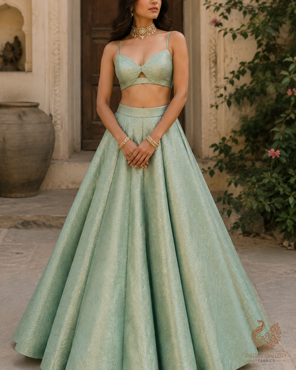 Mint Green Banarasi Silk Fabric With All Over Golden Zari Handloom 23217