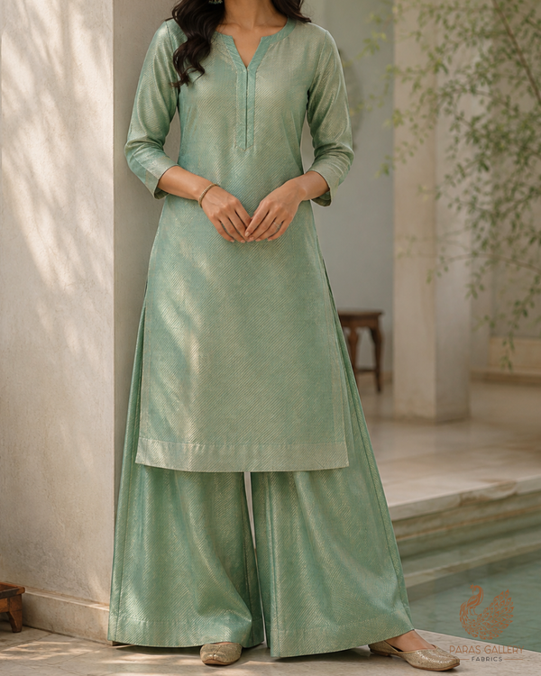 Mint Green Banarasi Silk Fabric With All Over Golden Zari Handloom 23217