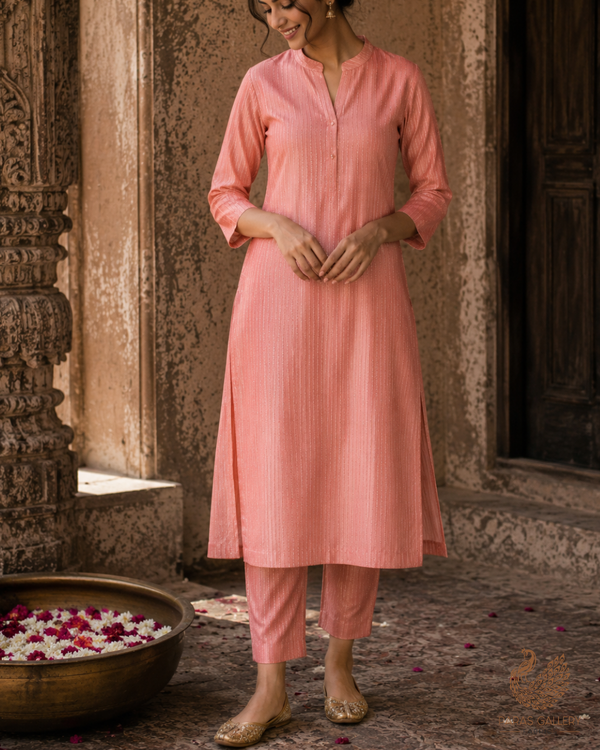 Pink Banarasi Silk Fabric With All Over Golden Zari Handloom 23219