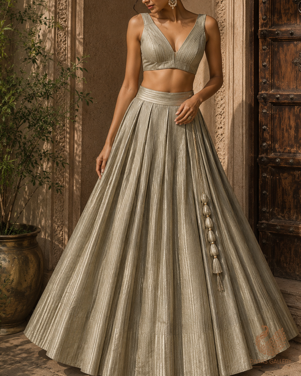 Grey Banarasi Silk Fabric With All Over Golden Zari Handloom 23220
