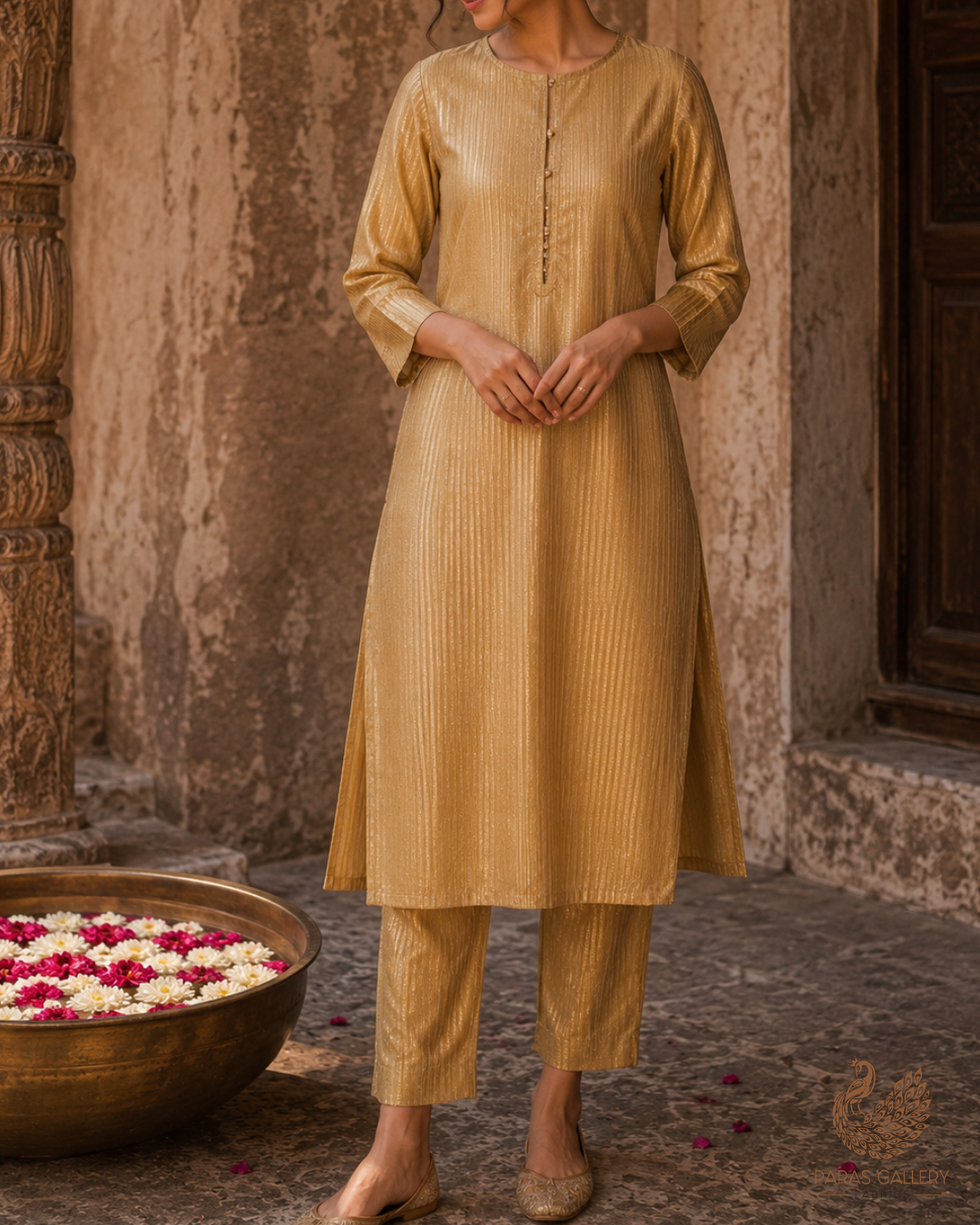 Golden Banarasi Silk Fabric With All Over Golden Zari Handloom 23222