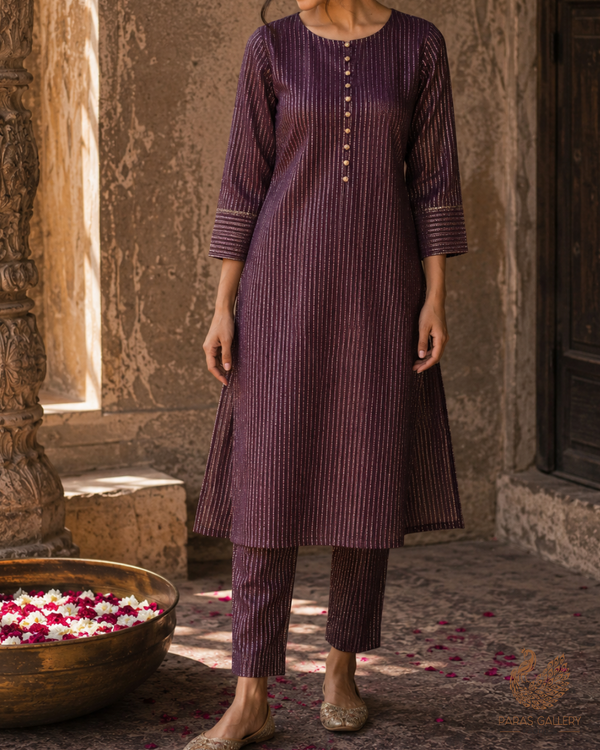 Violet Banarasi Silk Fabric With All Over Golden Zari Handloom 23223