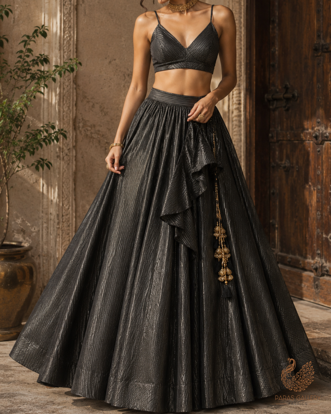 Black Banarasi Silk Fabric With All Over Golden Zari Handloom 23224