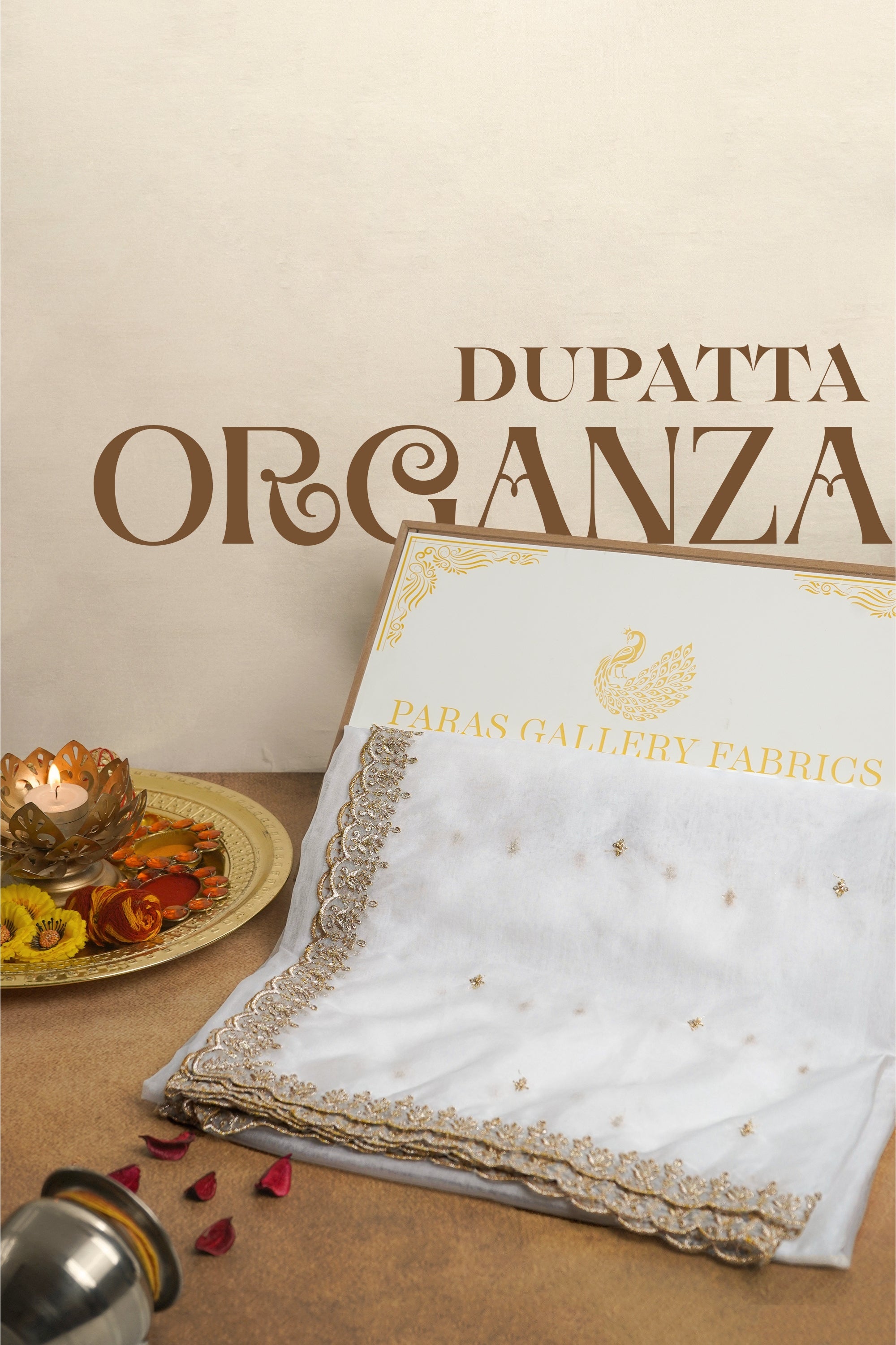 White Dyeable Organza Dupatta With All Over Sequins And Zari Work 23247