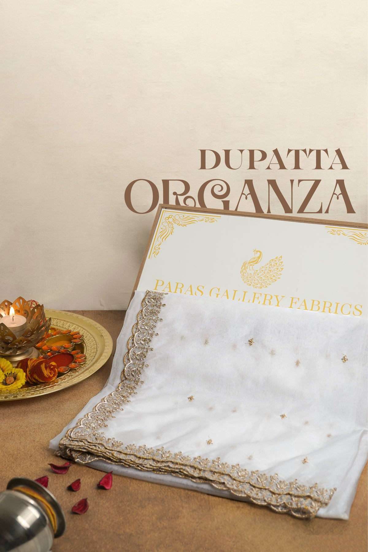 White Dyeable Organza Dupatta With All Over Sequins And Zari Work 23247