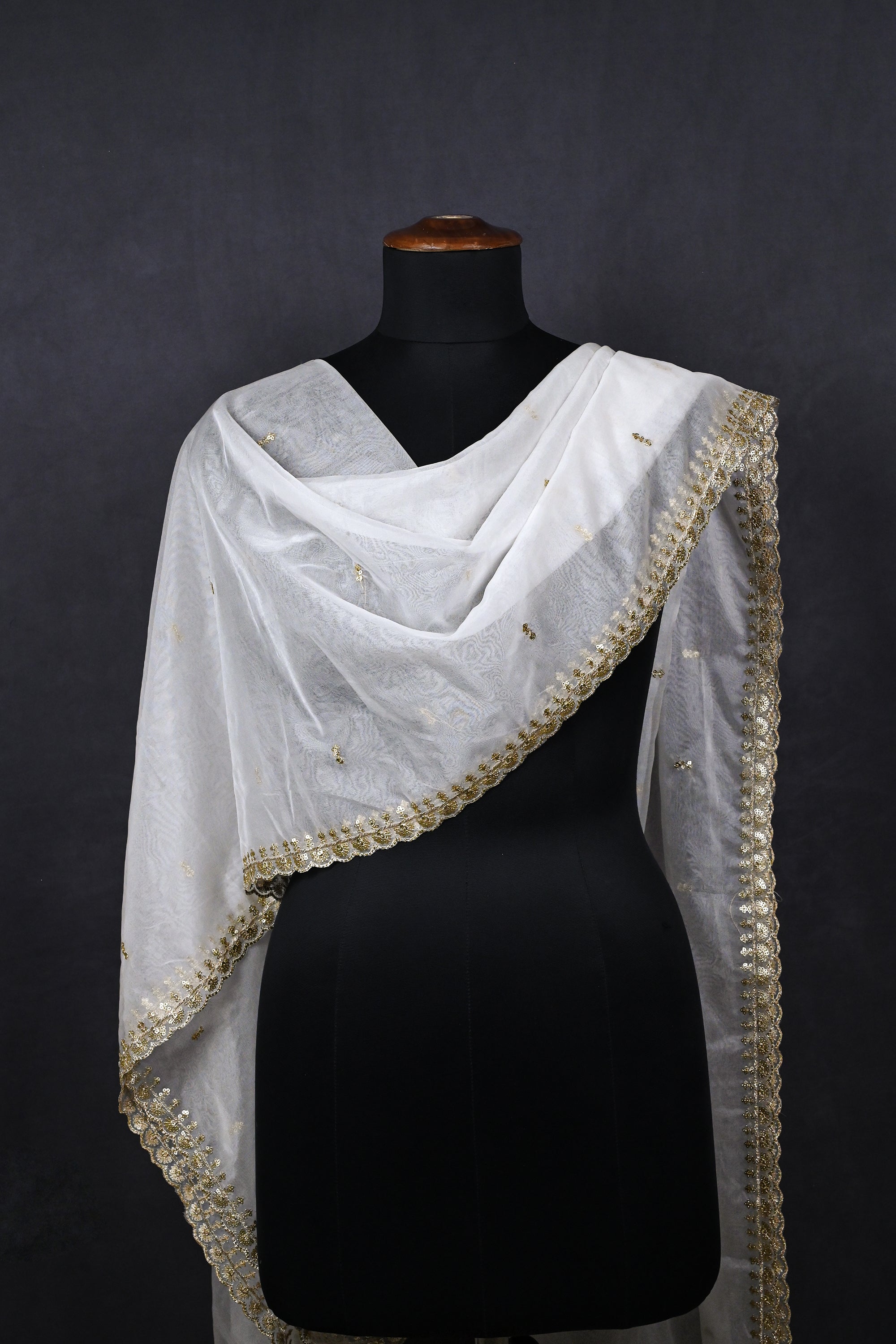 White Dyeable Organza Dupatta With All Over Sequins And Zari Work 23249