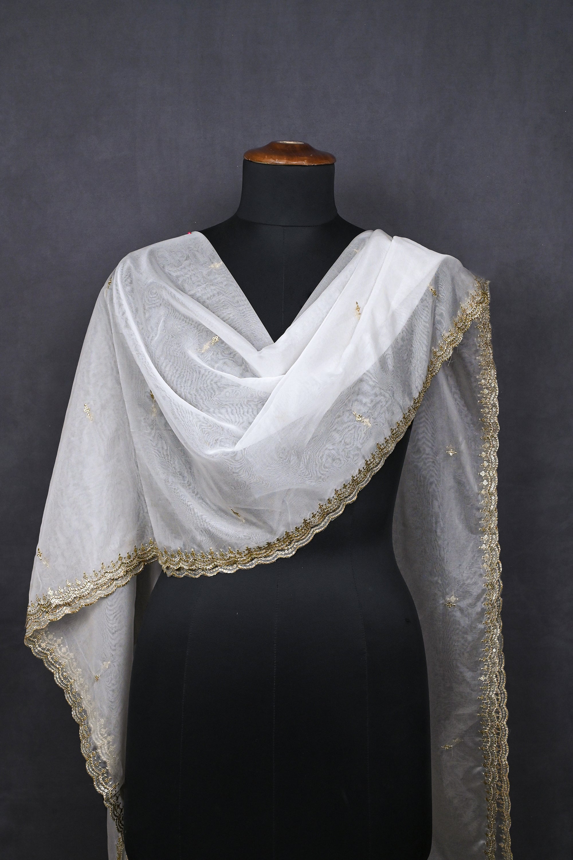 White Dyeable Organza Dupatta With All Over Sequins And Zari Work 23250